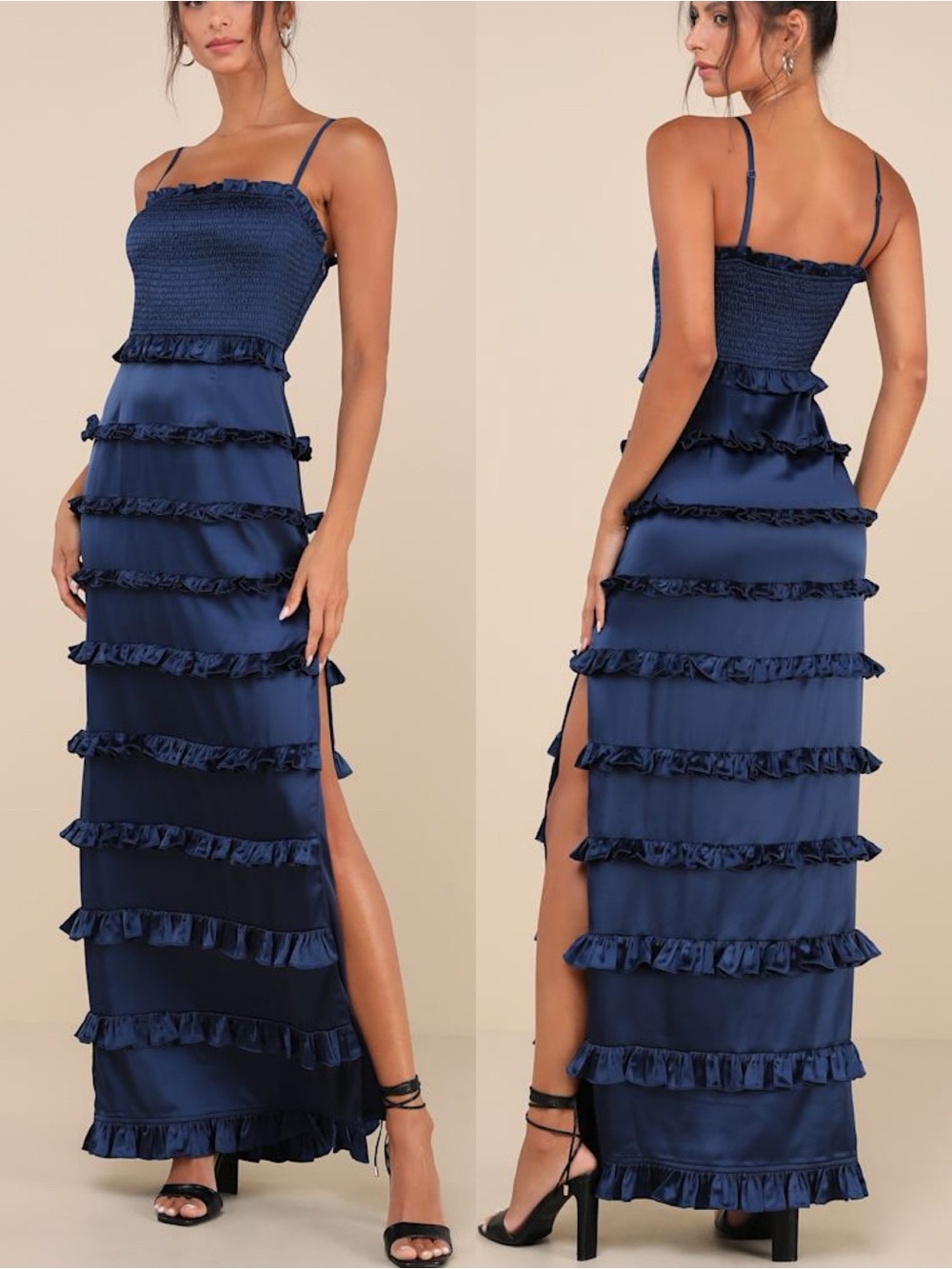 Lulus | Sincerely Fabulous Navy Blue Satin Smocked Ruffled Maxi Dress